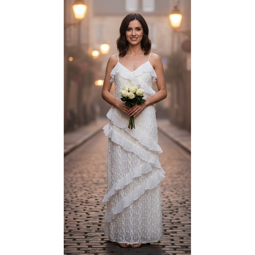 MISSGUIDED Boho Sheer Lace Ruffled Detail Cami Maxi Dress Festival Small NWT‎